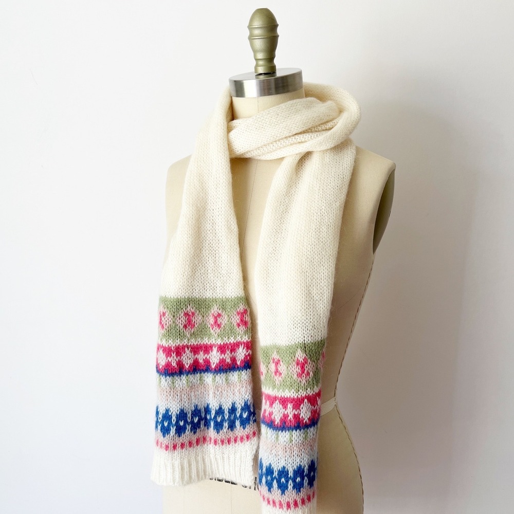 Boden Scarf Cream Fair Isle Mohair Wool Blend Knit Long Winter Scarf